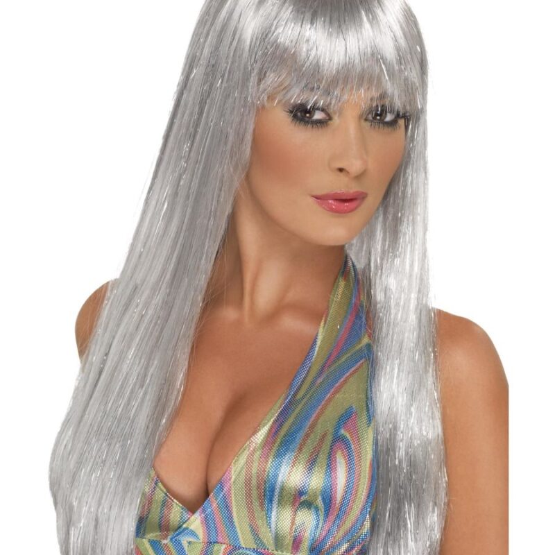 Csillogó ezüst diszkó paróka.