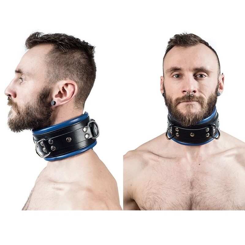 Bőr nyakörv-széles, fekete-kék