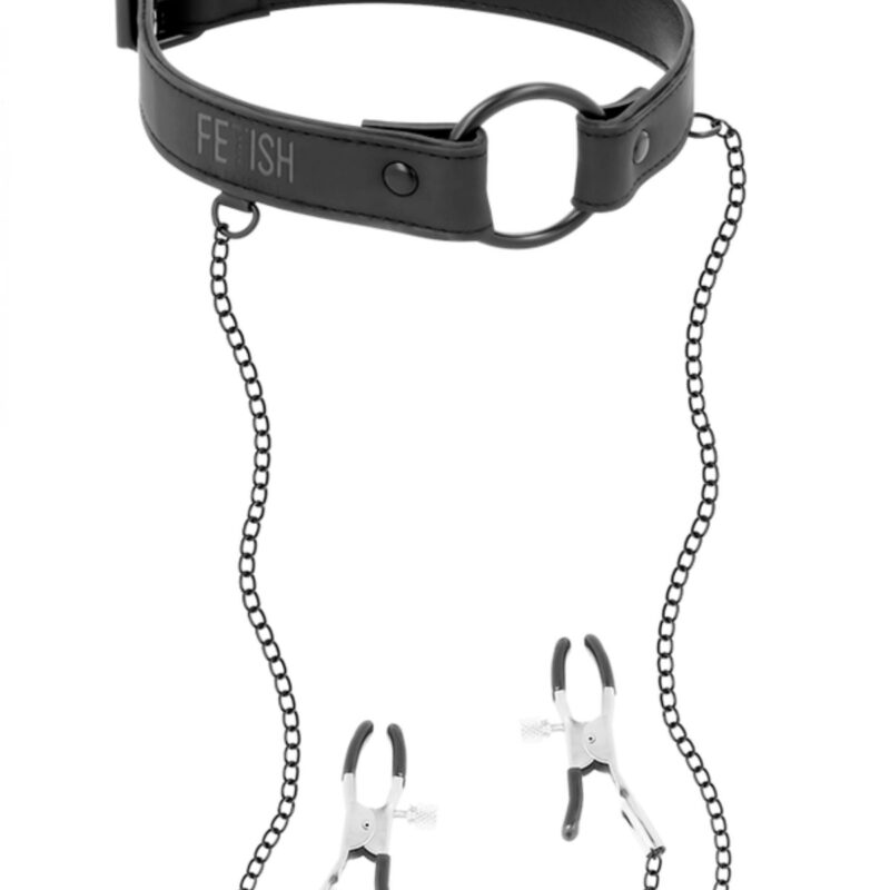 RING GAG WITH NIPPLE CLAMPS.