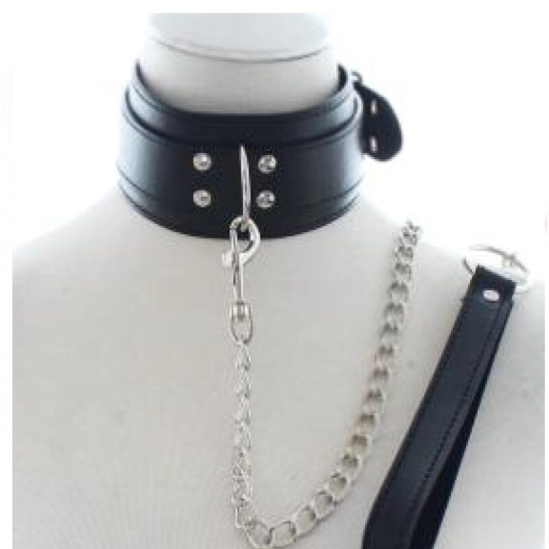 Széles vegan bőr nyakörv pórázzal.